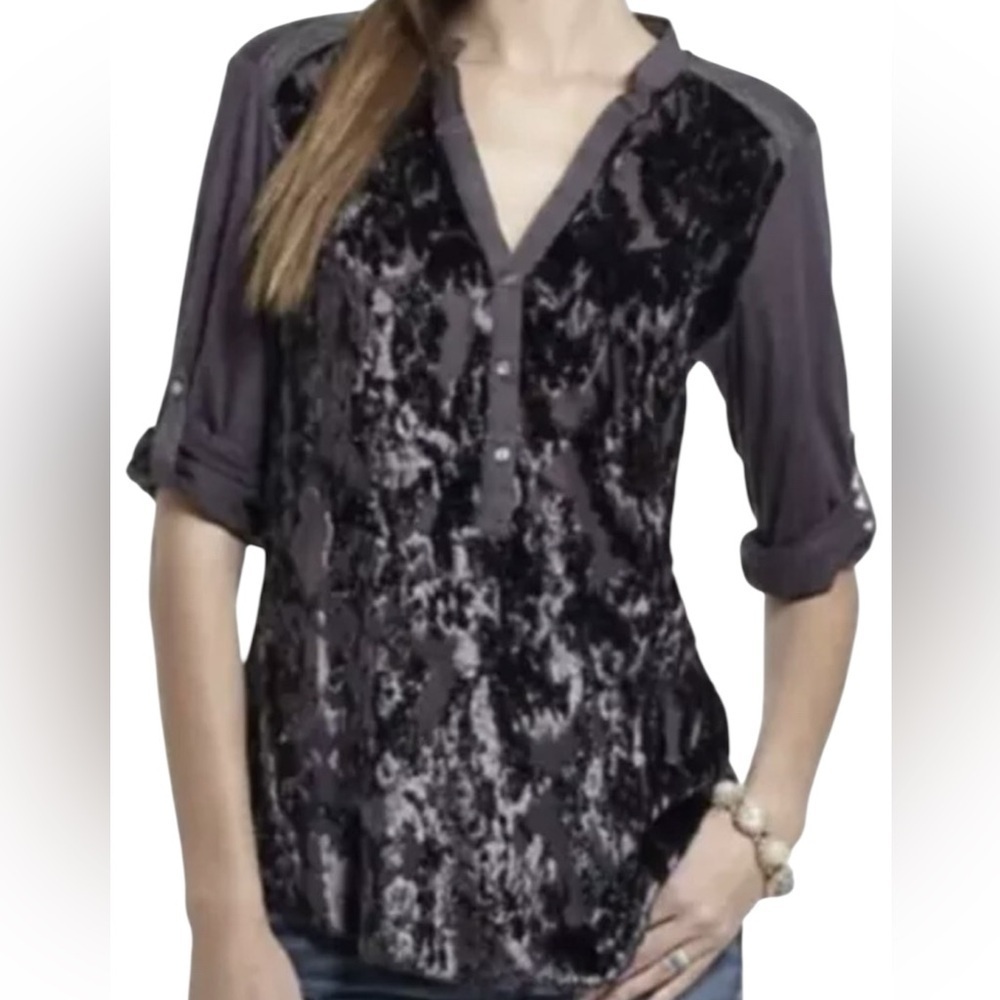 Anthropologie Tiny Whimsigoth Silk Cotton Velvet Front Henley Burnout Top Medium